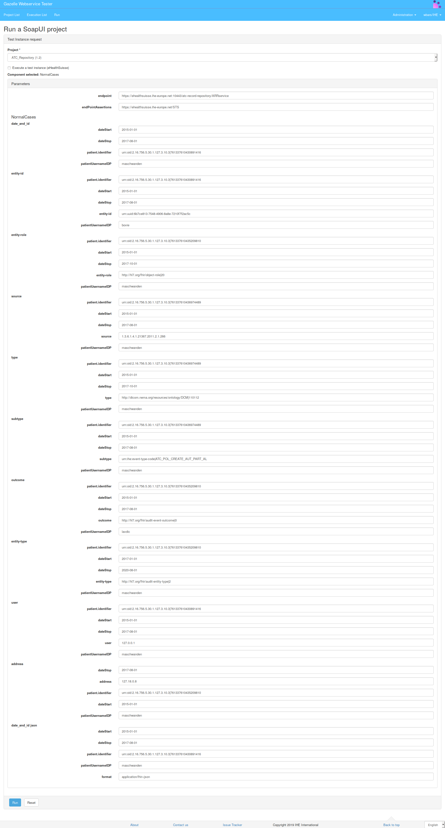 Form defining parameters to use to execute NormalCases test suite